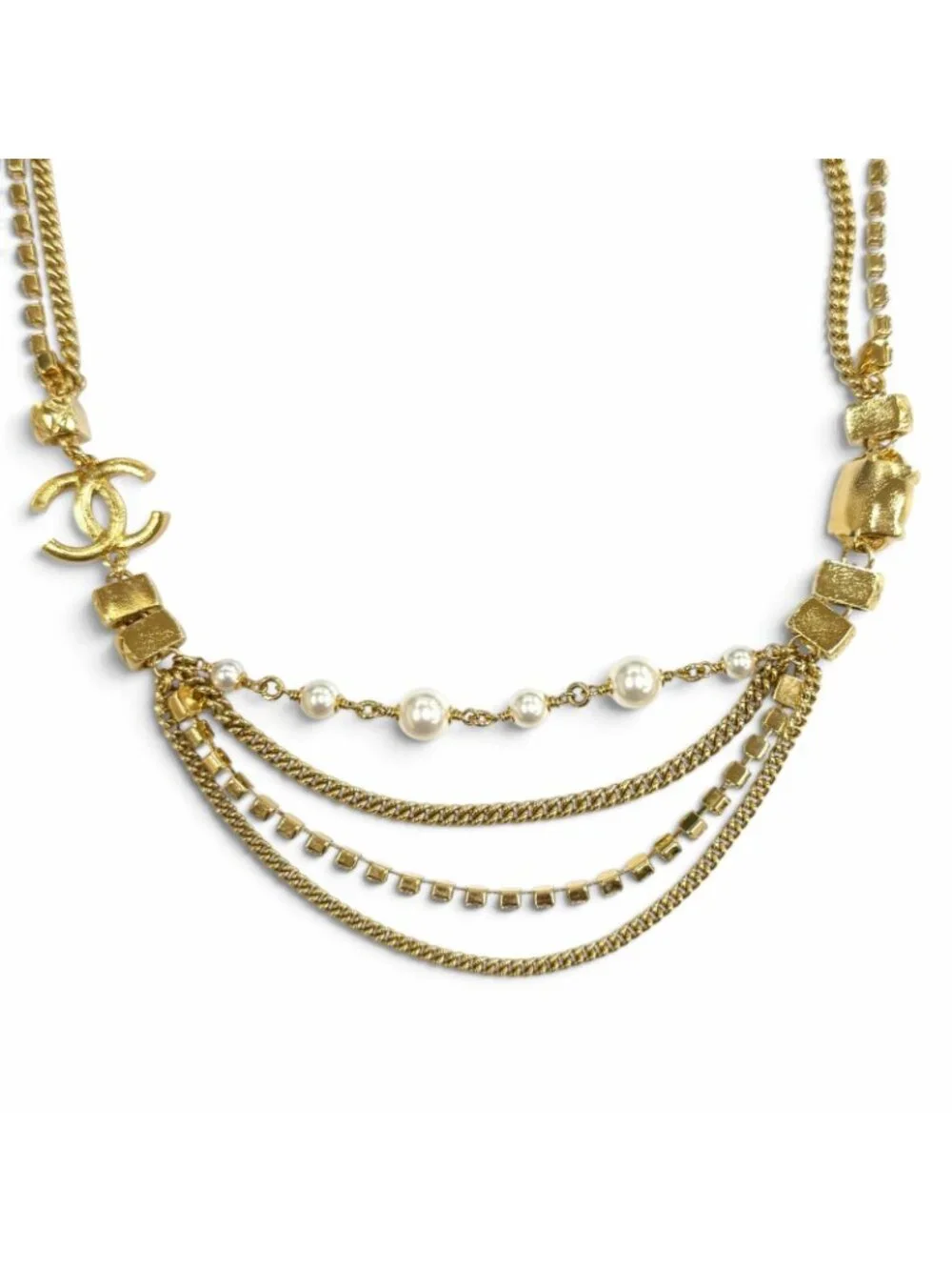 Chanel CC Logo Eco Pearl Stone Crush Chain Necklace Gold Pink White